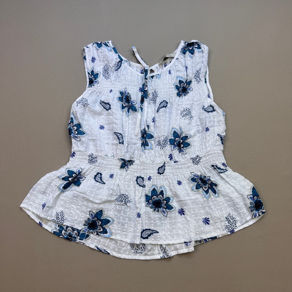 Loft Womens Blue Floral Paisley Smocked Peplum Sleeveless Blouse White Large